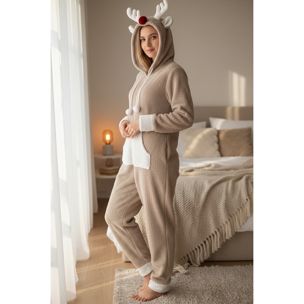 Jaclyn Intimates Reindeer Sherpa Fleece Union Suit PJs Hooded Small Pajamas